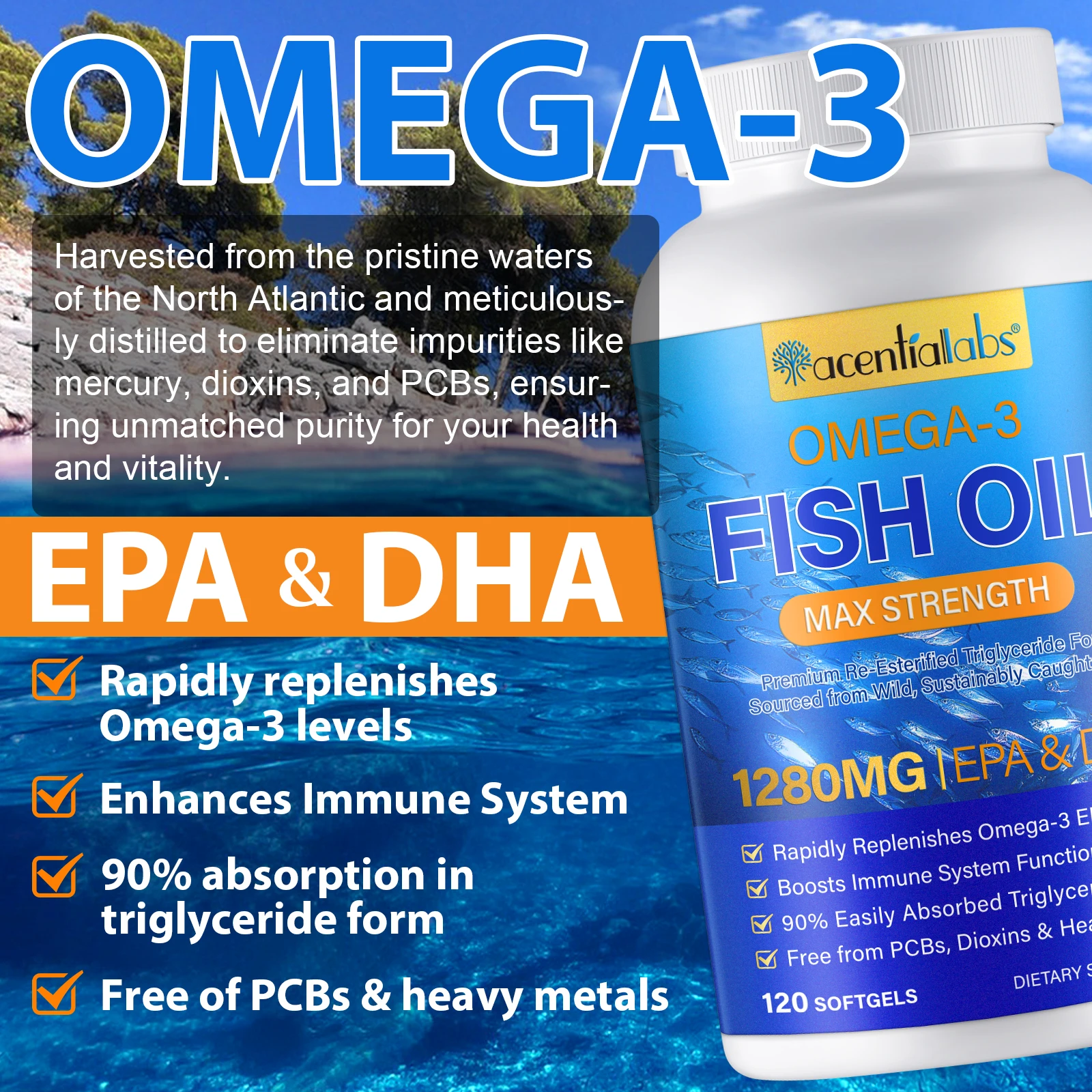 Acentiallabs Omega 3 Fish Oil Supplement 1280mg Enhances Immune System Fish Oil Softgel Capsules With EPA DHA For Men & Women