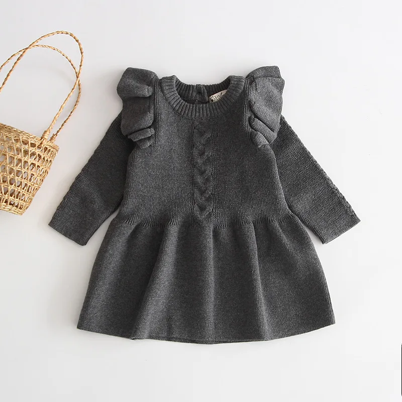 Ivy60029A Winter 2019 kids girls plain knitted dress design solid color ruffle dress for baby girls