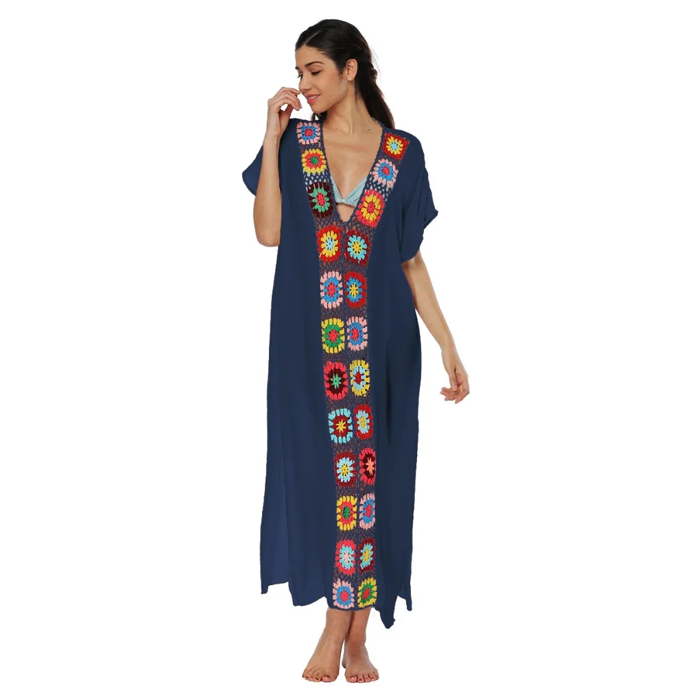 Wholesale Summer Granny Square Crochet Beach Maxi Long Dress Coverups Women Vestido Bohemio De Playa
