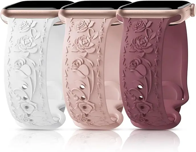 Floral Engraved watch strap for appl watch strap Women Designer Soft Silicone Embossed Flower watch strap for iWatch