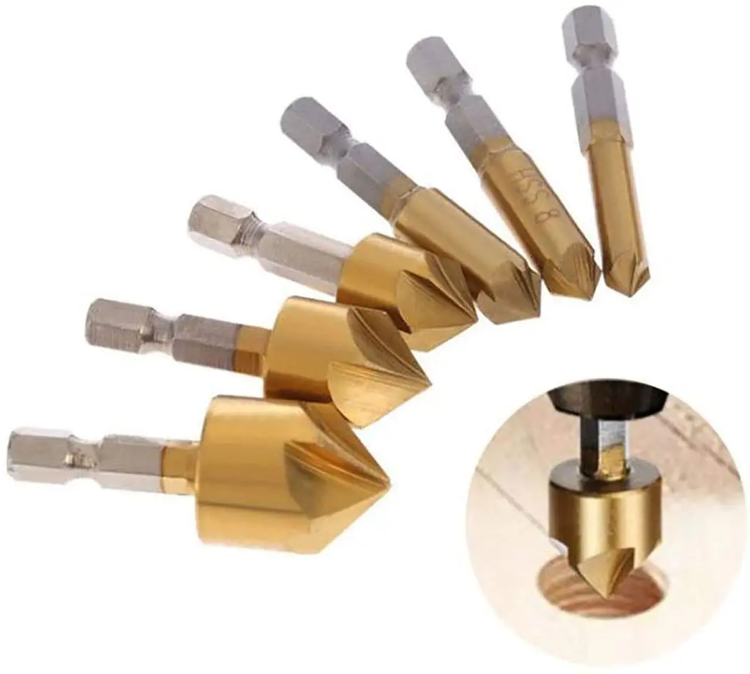 6Pcs Countersink Drill Bit Set 1/4' Hex Shank HSS Counter bore Reamer Chamfer 5 Flute 90 Degree Center Punch Tool Set 6mm-19mm