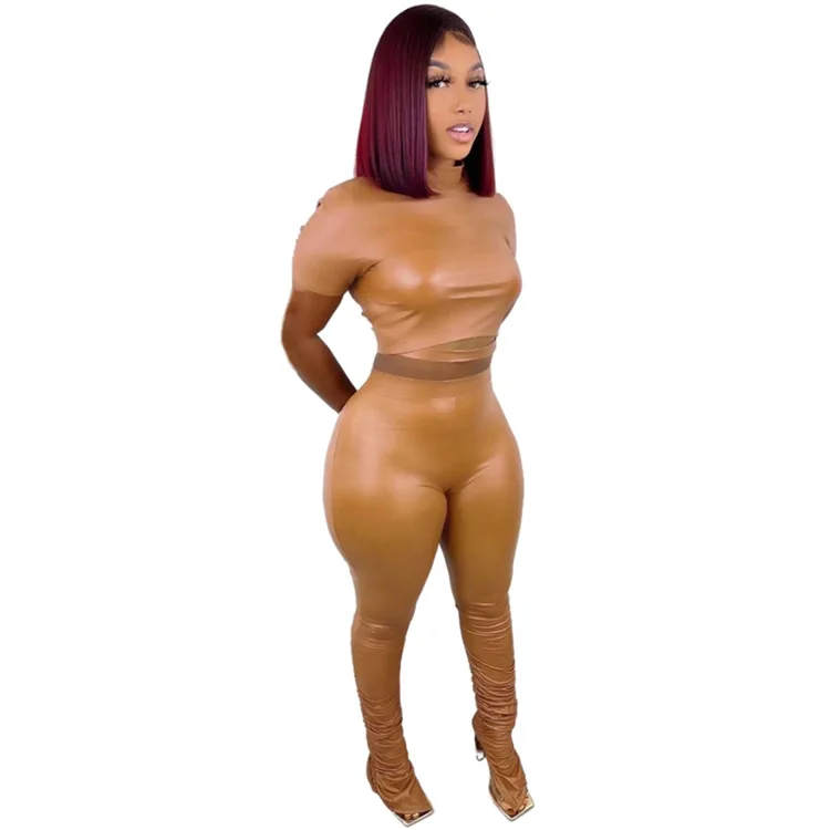 2025 Spring Autumn Sexy Pu Leather Outfits Long Sleeve Slim Tops Stacked Legging Pants Leather 2 Piece Set Women