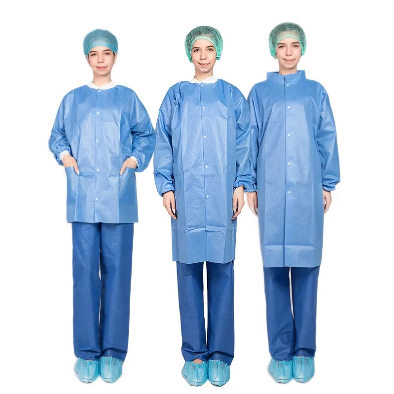 Clinic Doctor Knitted Cuffs Collar 3 Pockets Long Sleeve Antistatic Waterproof Disposable PP Microporous SMS Lab Coat