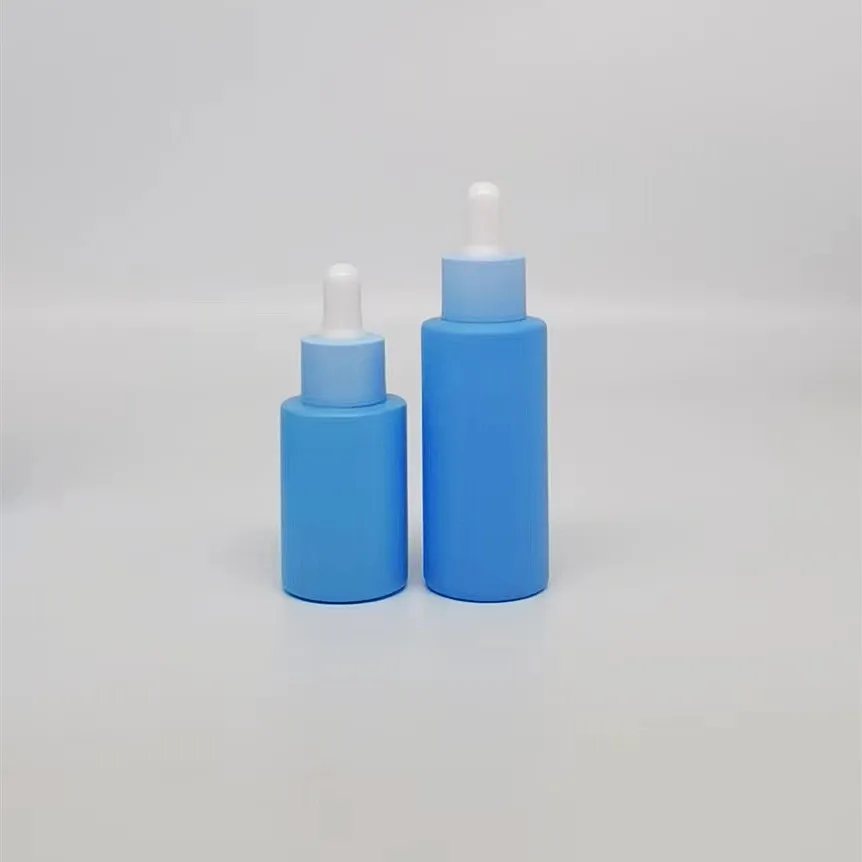 Low MOQ empty 30ml 1oz glass blue frosted cylinder glass essential oil dripping bottle rubber stopper