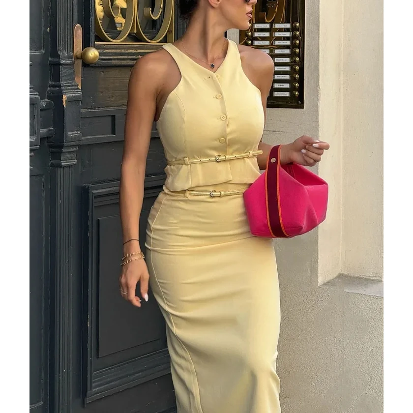RedPeony Female Summer Set Yellow V-Neck Sleeveless Belt Single Breasted Tops+High Waist Pocket Long Skirts Women Fashion Suit