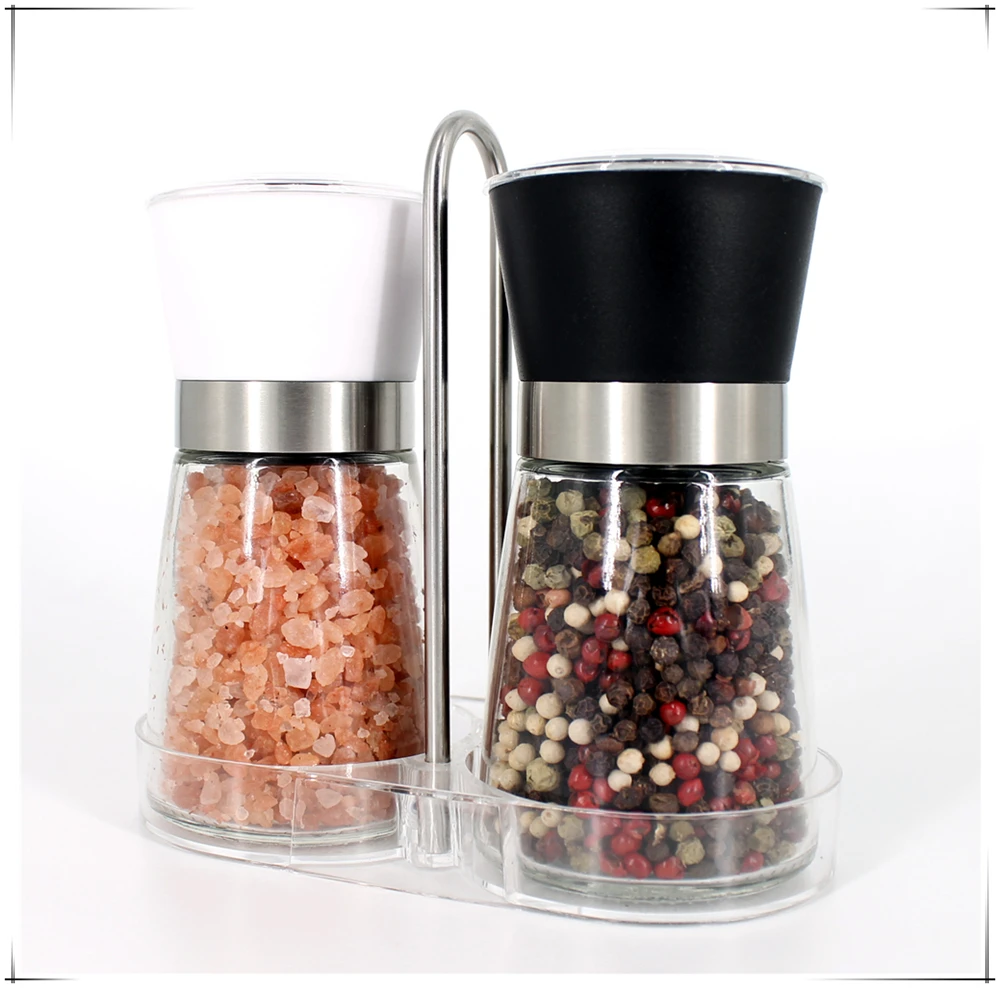 Home Use Manual Salt and Pepper Mill Grinder Set Glass Bottle with Ceramic Core round Pattern Plastic Pepper Grinders