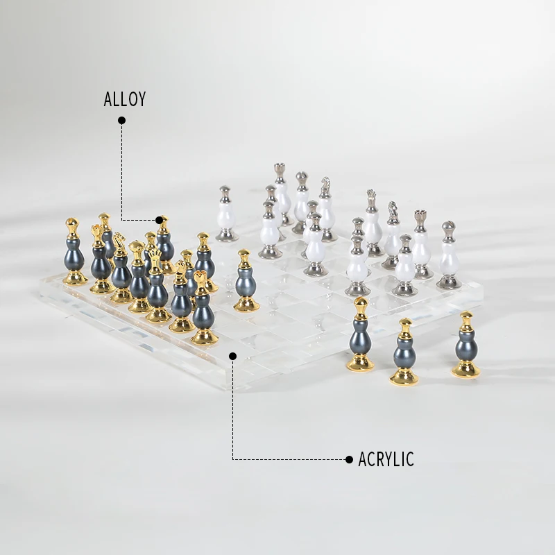 Classical Antique Luxury Home Accessories Interior Silver Acrylic Alloy Internation Chess Game Board Set