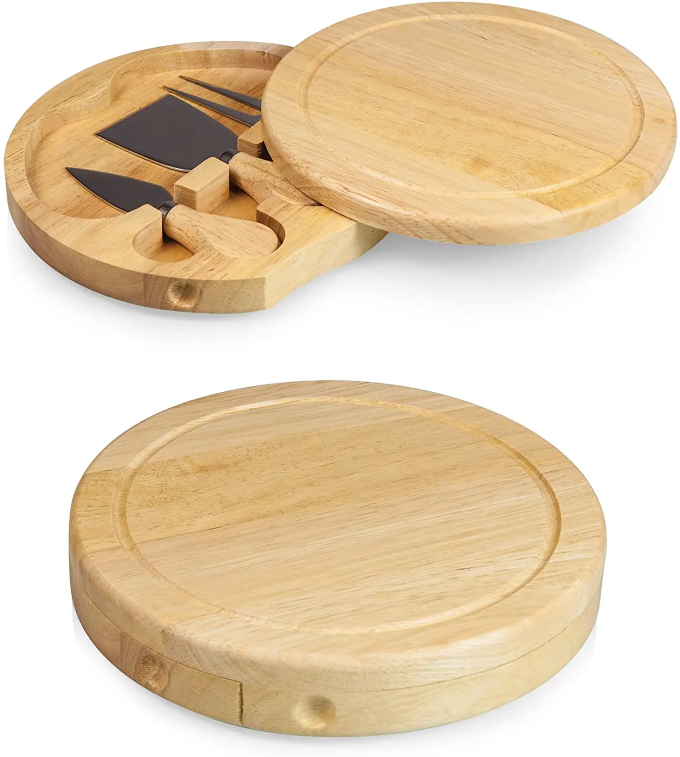 Cheese Board with Cheese Tools Round Cutlery Set - Bamboo Charcuterie Board Set With 4 Knives - Comes with Slide Out Drawer