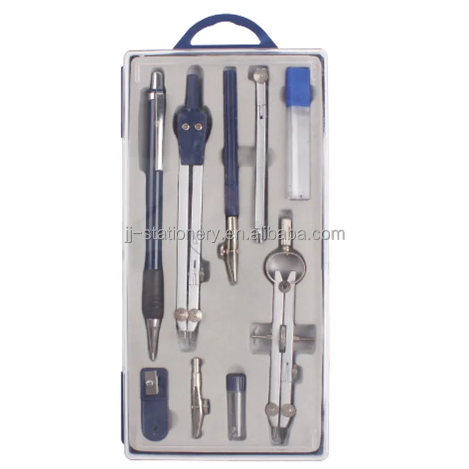 Math Geometry Kit Multi Functional Drawing Compasses 9PCS Set School Students Safety Metal Compass Set