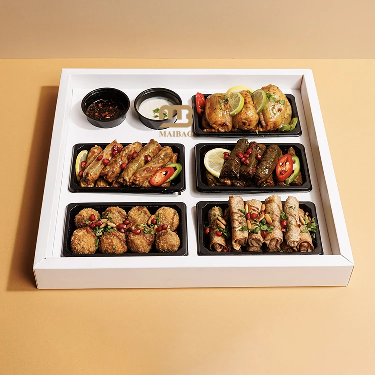 Custom middle eastern kibbeh balls catering box takeaway food trays boxes for crispy cheese rolls dolma box with dip cup insert