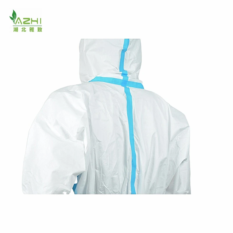 Promotion season with big discount for disposable protective coverall white color with hood without boots style with bule tape