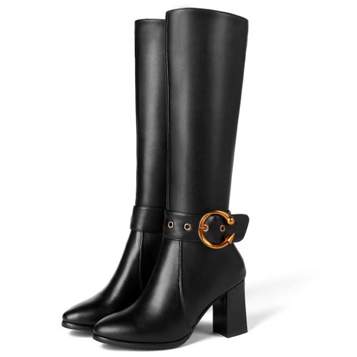 Autumn Winter Women High Boots Metal Buckle Zippers Booties Large Size Chunky Heeled Knee Knight Boots