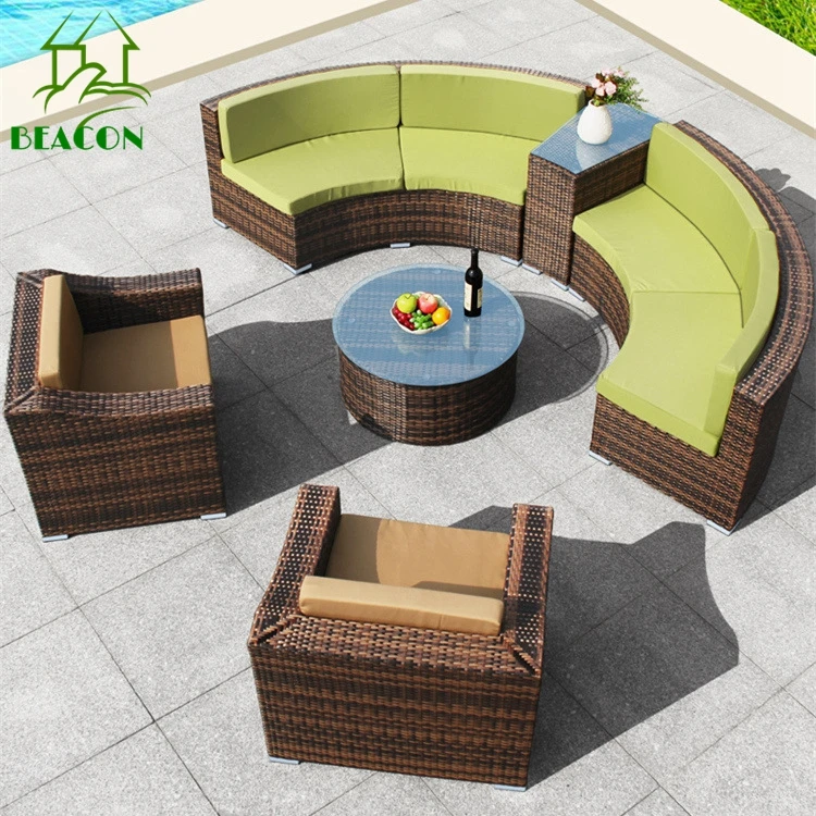 Curve patio garden sectional furniture big rattan round sofa set large red cushion semi circle patio furniture set