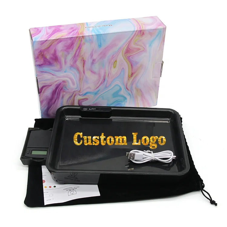Yiwu New Design LED Speaker Light Up Rolling Tray With Scale Wholesale Glow Smoking Tray Custom Logo Tobacco Tray