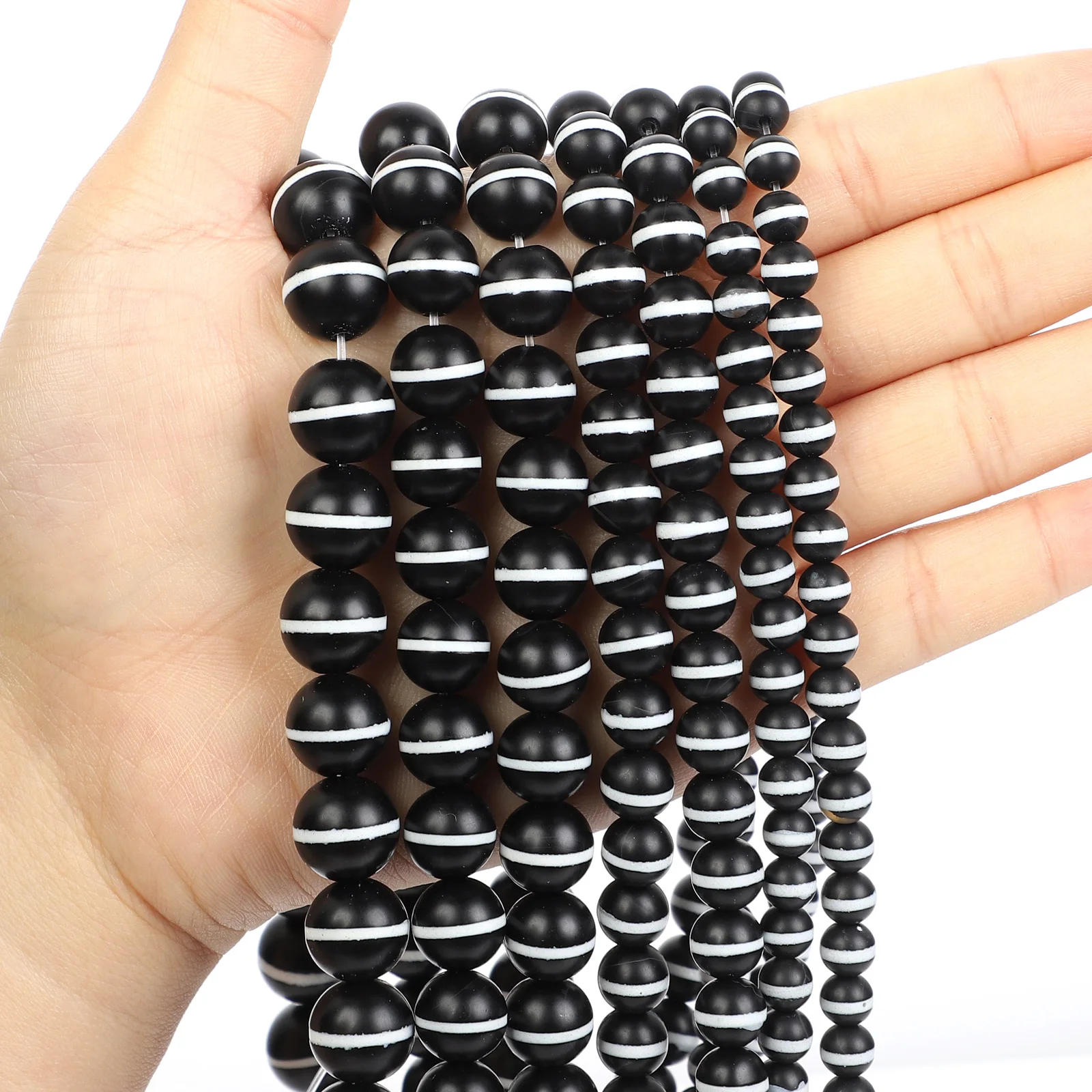 Matte Black Agate White Line Onyx Beads Round Loose Natural Stone Beads For Jewelry Making DIY Bracelets Handmade