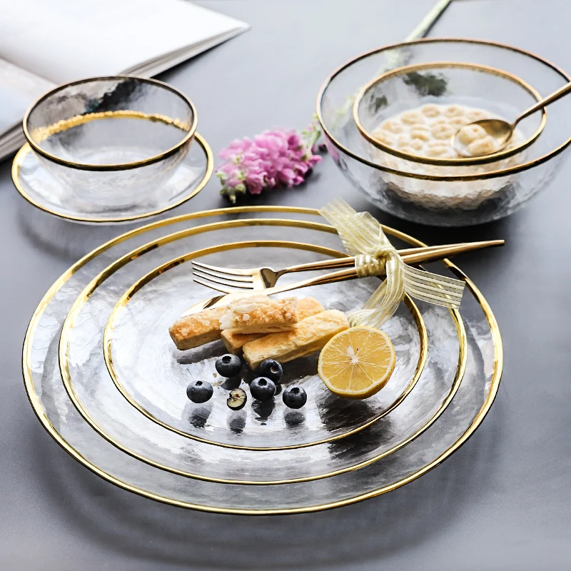 Durable Dinner Plate Glass Dinnerware Set With Fashion Gold Charger Platter Glass Dishes for Party