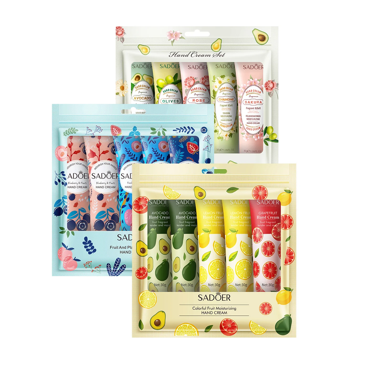 Private Label Wholesale SADOER 5pcs Fruit Plant Extract Hand Cream Suit Moisturizing Nourishing Hand Cream Lotion Set