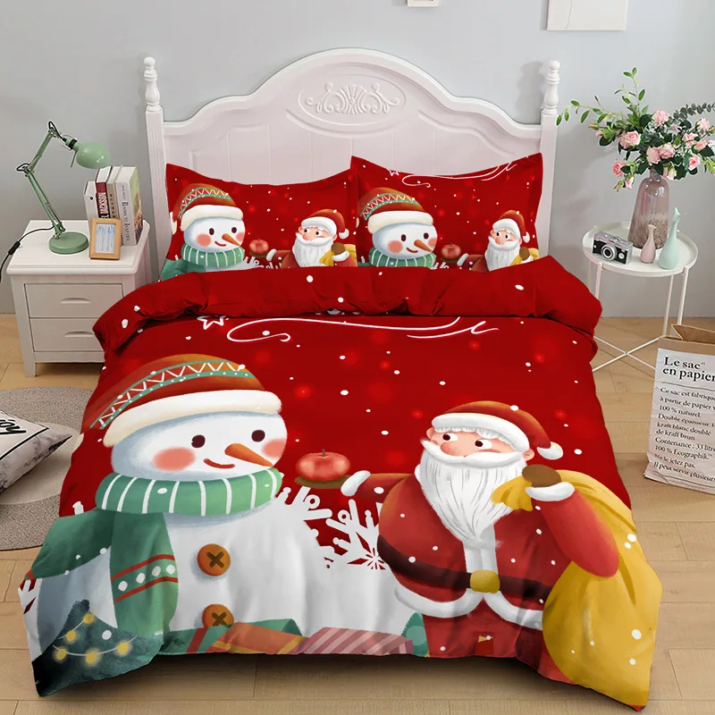 HOT Customized Christmas Santa Claus And Snowman Fantasy Cartoon RED 3 PCS Kids bedding set