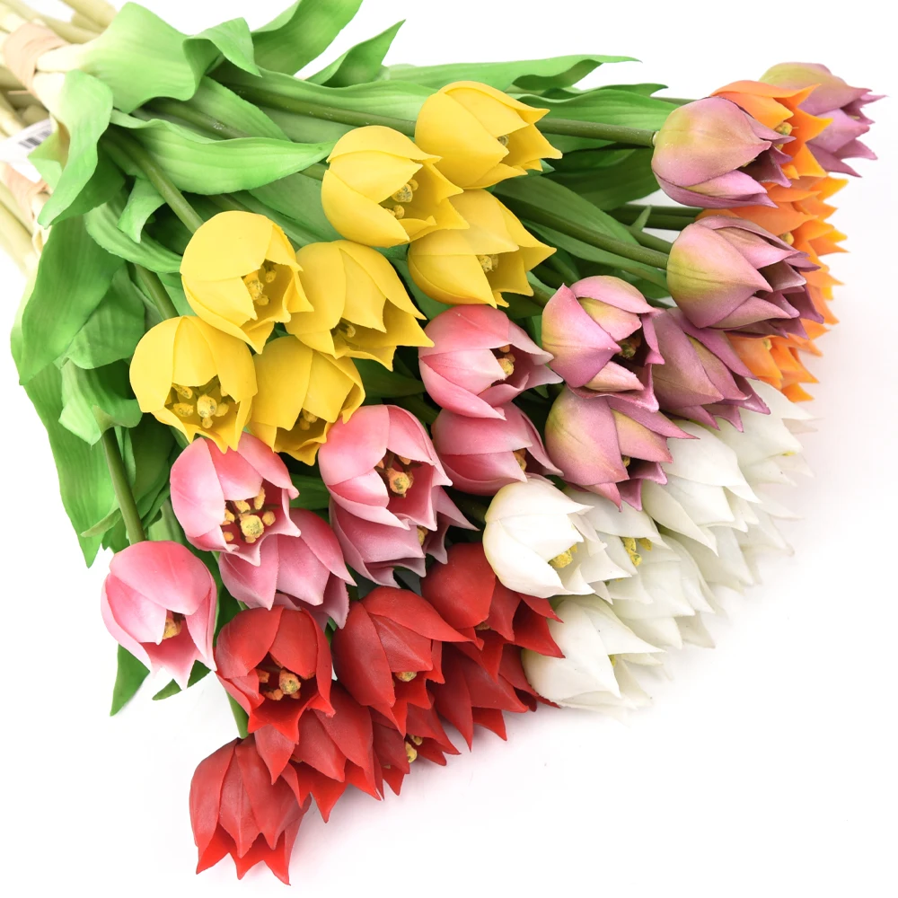 custom tip flowers heads shape real touch latex yellow white silk tulip flowers bouquet decor