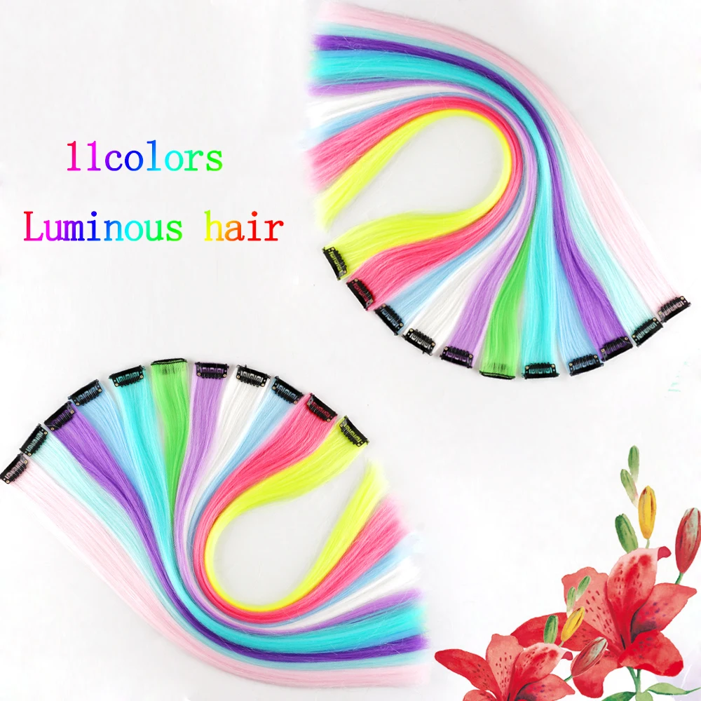 Highlight Glowing in Dark Hair Extensions Colorful Luminous Hair Straight Synthetic Hairpiece Clip in Braiding Hair