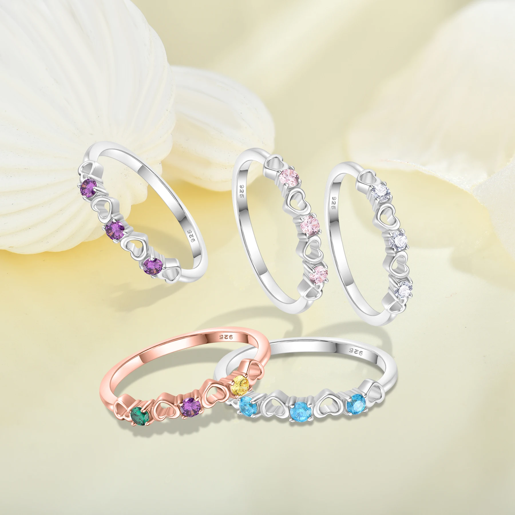 Newest Design Waterproof S925 Silver Hollow Heart Ring Rainbow Gemstone Women Rings Birthday Party Gifts