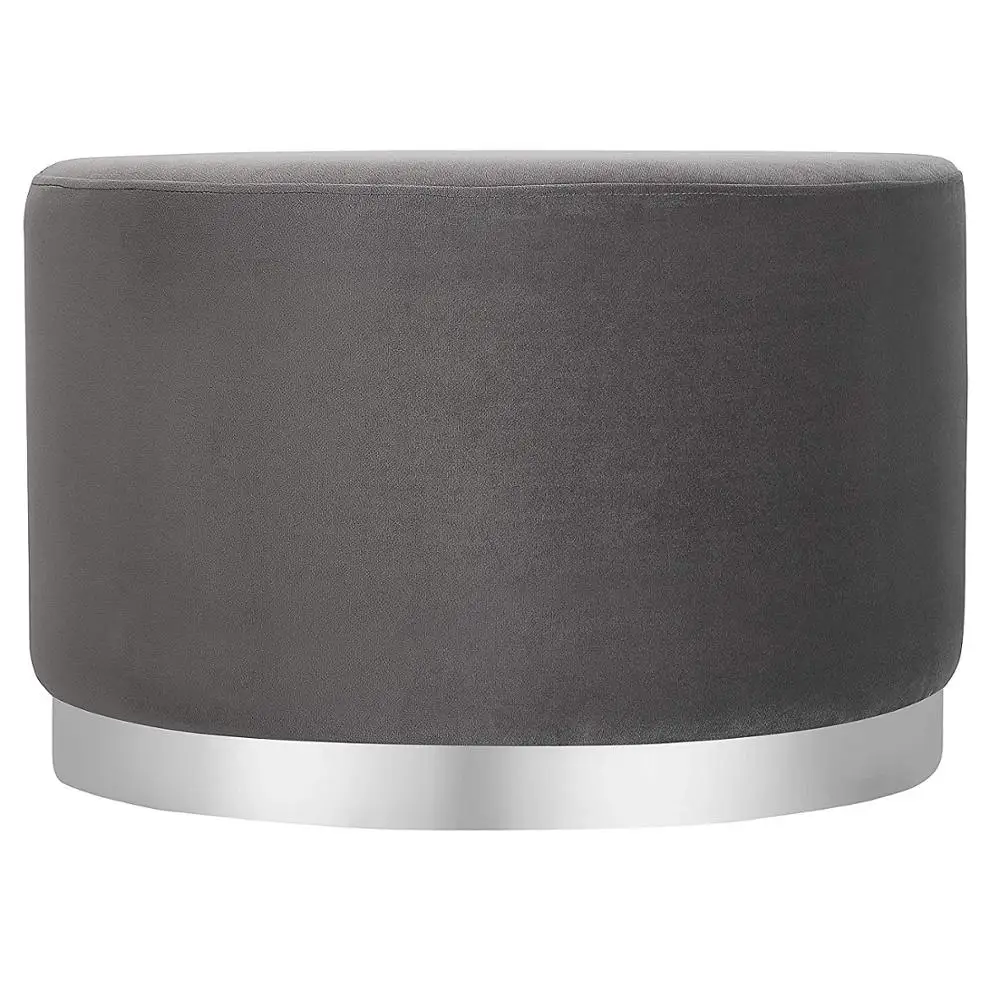 Laynsino Home furniture Velvet Fabric round stool Silver metal base Design Footstool