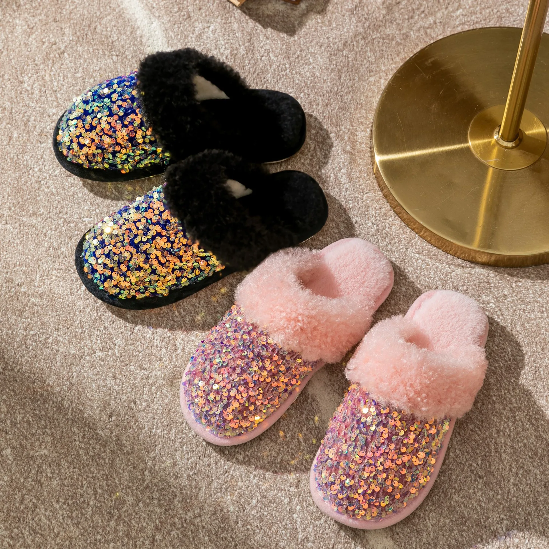Wholesale Sequin Fashion Plush Indoor  Women Slipper