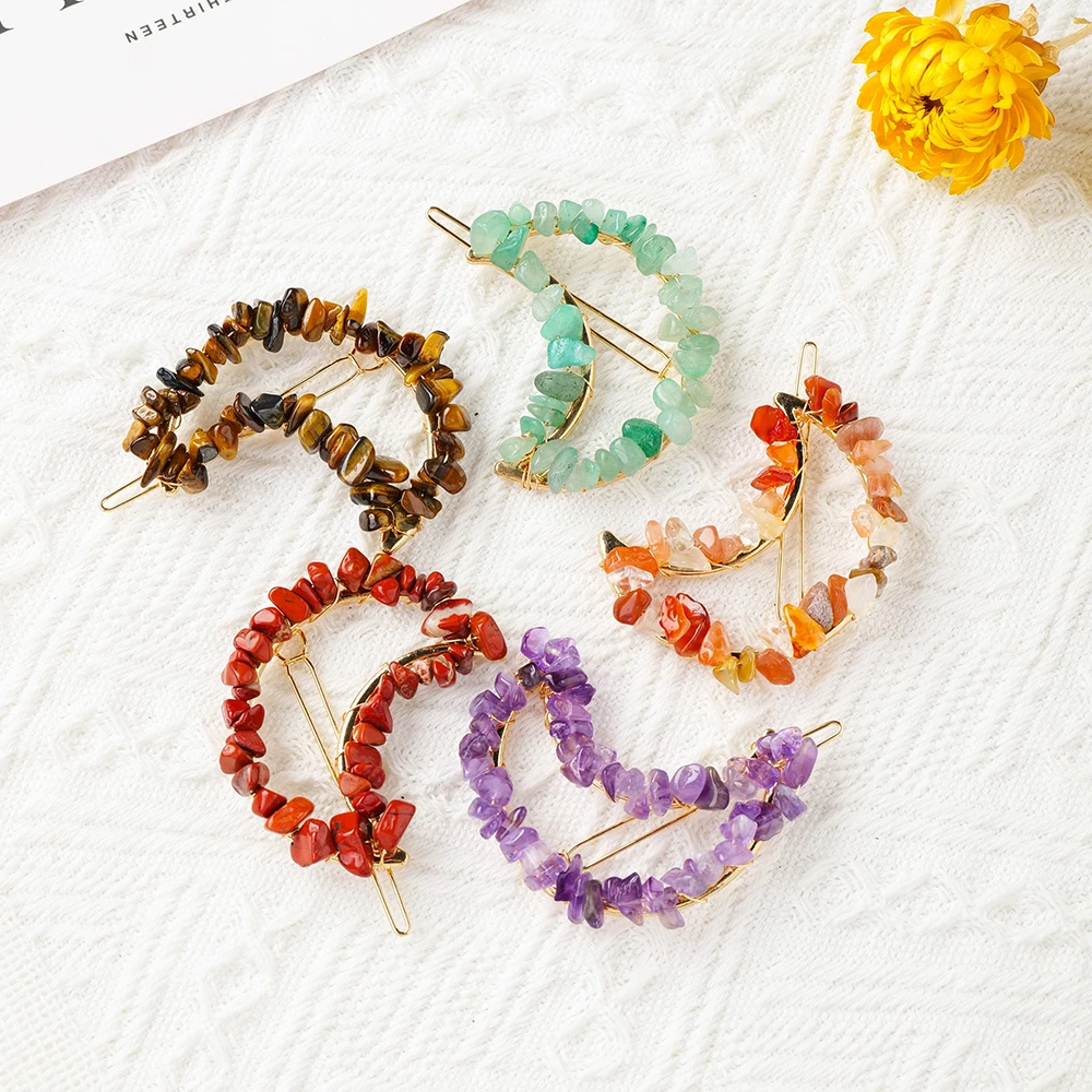 Women Girls Cute Colorful Natural Stone Crystal Gravel DIY Moon Hairpin Decoration Sweet Hair Clips Fashion Hair Accessories