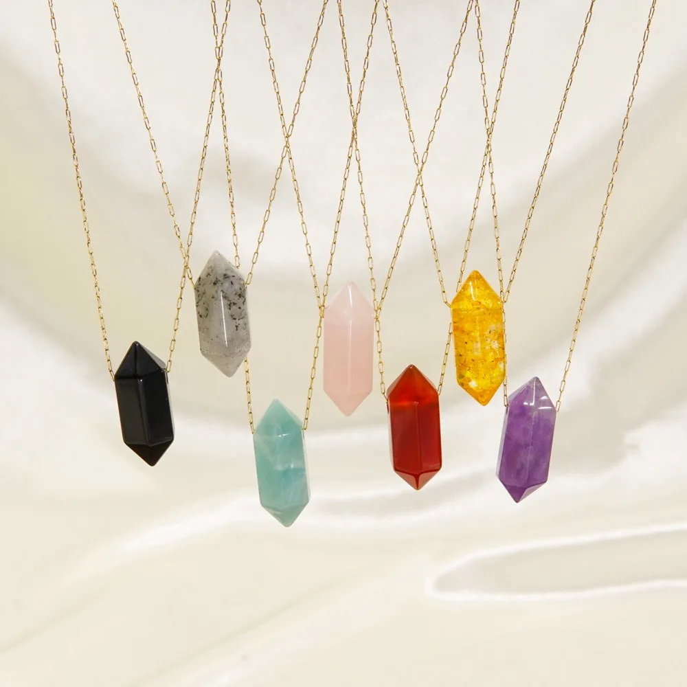 Top Drilled Holes Mini Crystal Points Necklaces Double Point Pencil Pendant Jewelry Stainless Steel Gold Necklace For Gift