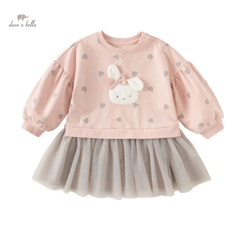 DB3242336 DAVE BELLA Children Girls Fashion Dress 2024 Autumn New Baby Pure Cotton Casual Knitted Party Princess Dress