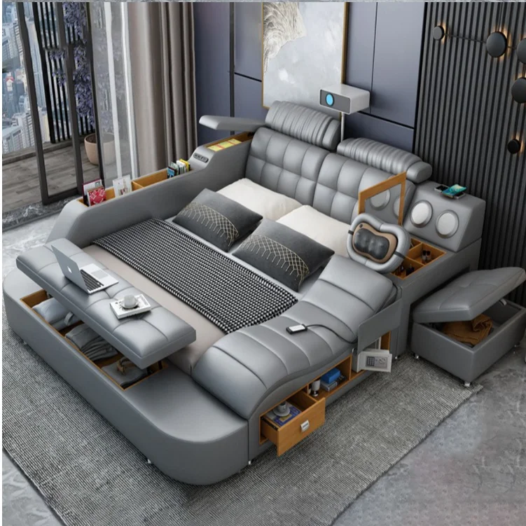 2024 High quality luxury leather Smart Bed Multi-functional bed Bedroom furniture Hotel King bed with storage