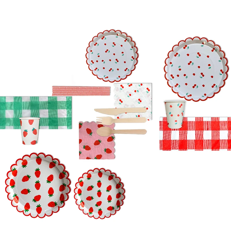 Partybus Zhejiang Fancy Strawberry/ Cherry Paper Plates Cups Napkins Girls Tea Party Disposable Biodegradable Tableware Set