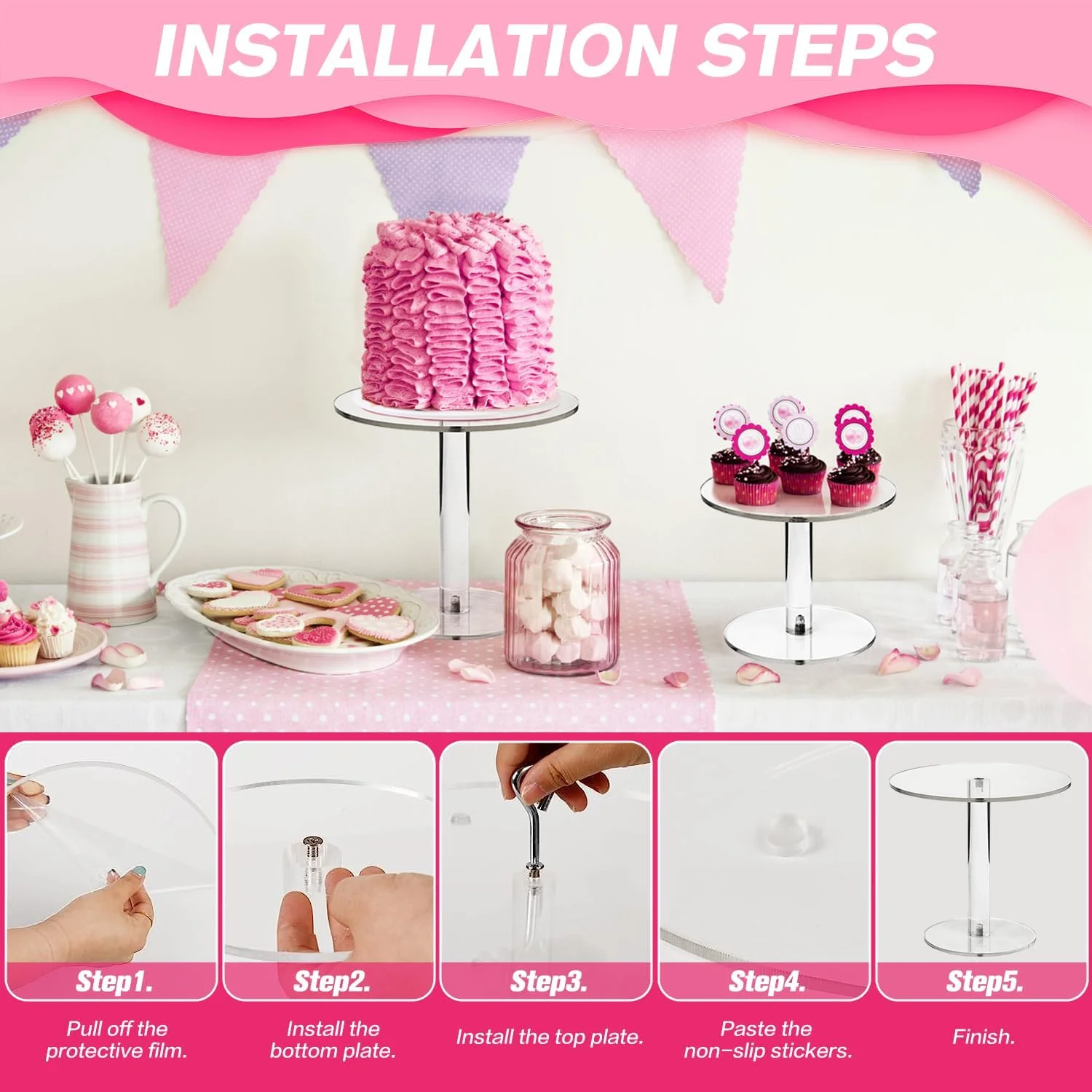 bespoke 3pcs set clear acrylic 2-tier pastry display stand for wedding party cupcake pizza holder