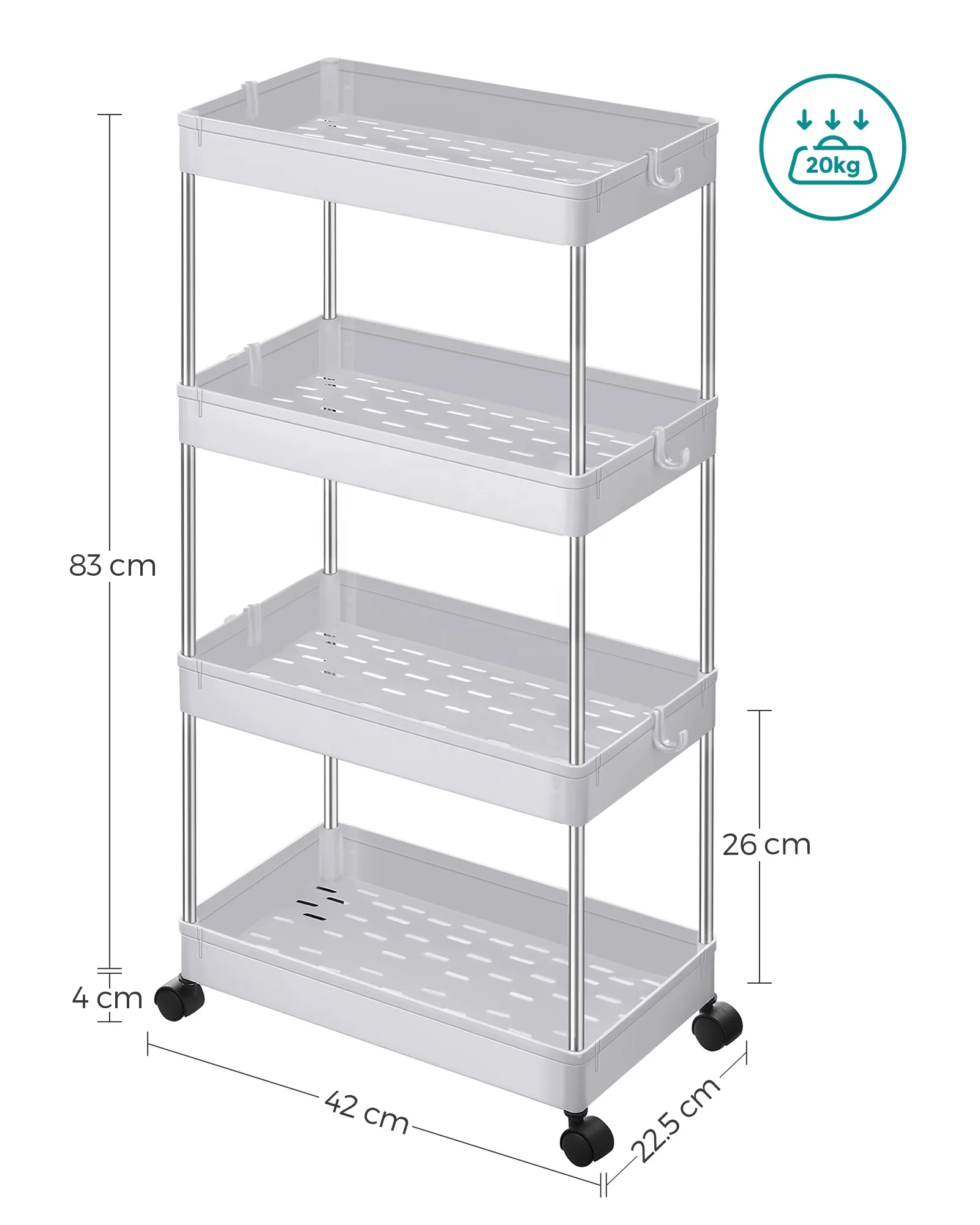 SONGMICS Space-Saving Kitchen Storage Shelves Rack Trolley in Office Bathroom 4-layer Household Plastic Storage Holders & Racks