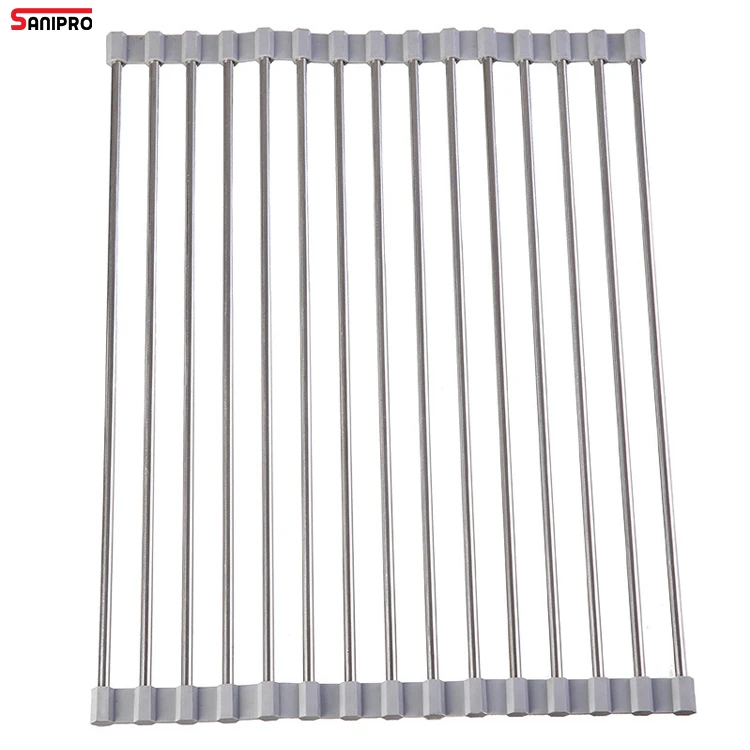 SANIPRO Kitchen Roll Up Folding Fruit Vegetable Dish Drain Mats 304 Stainless Steel Pot Holder Over the Sink Draining Rack