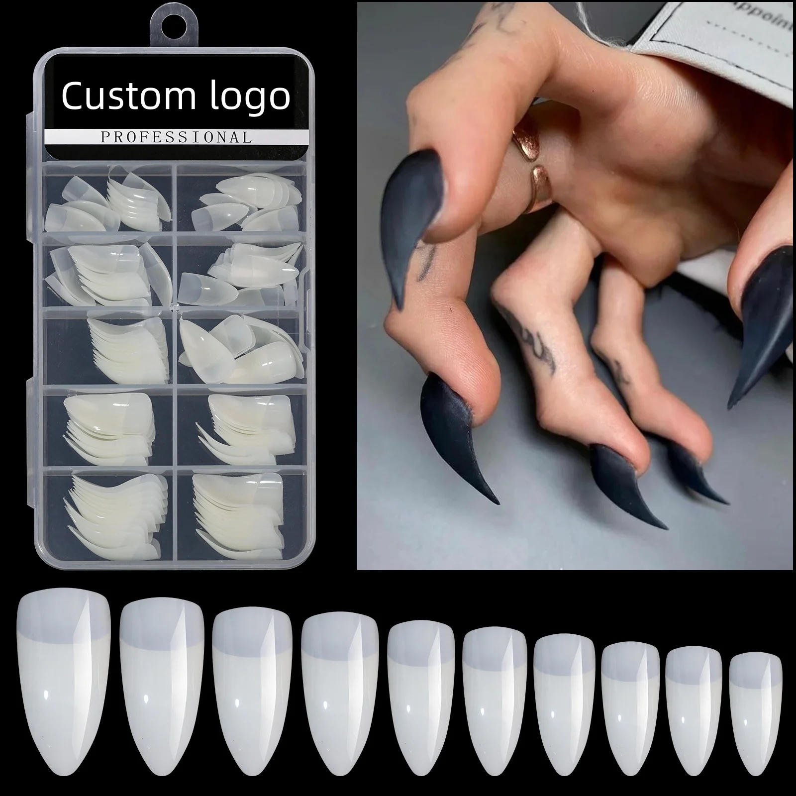 High Quality 100 Pcs /Box 10 Sizes Transparent Special Shape Eagle Claw Artificial Nail Tips For Nail Salon