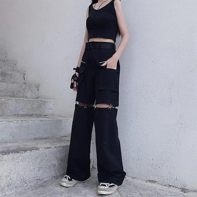 Streetwear fashion ladies black trousers custom logo casual cut-out detail cargo pants for women
