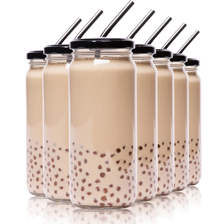 Многоразовая стеклянная бутылка для чая Boba с широким горлышком объемом 16 унций, с металлическими крышками