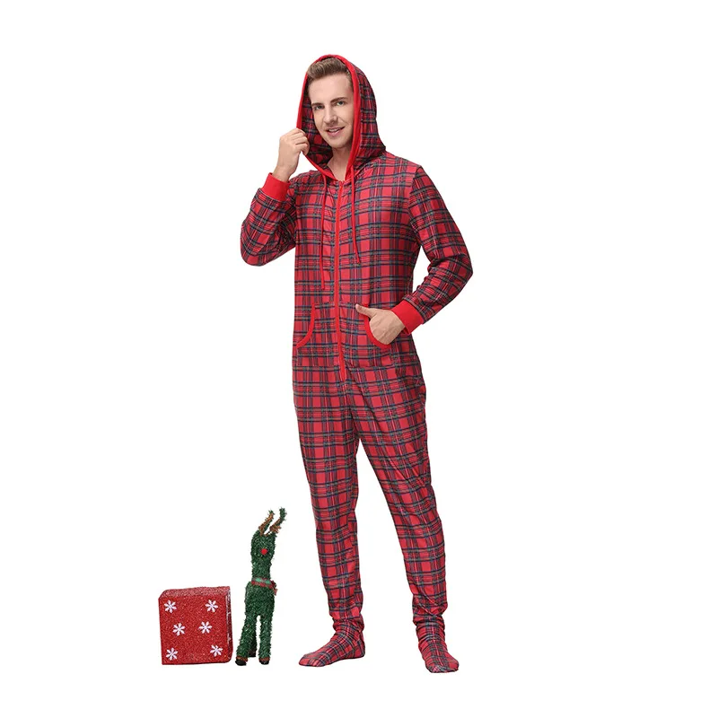 High Quality Hooded Pocket Long Sleeve Sexy Sleepwears Snow Plaid Nightgown Pajama Night Family Onesie Pajamas