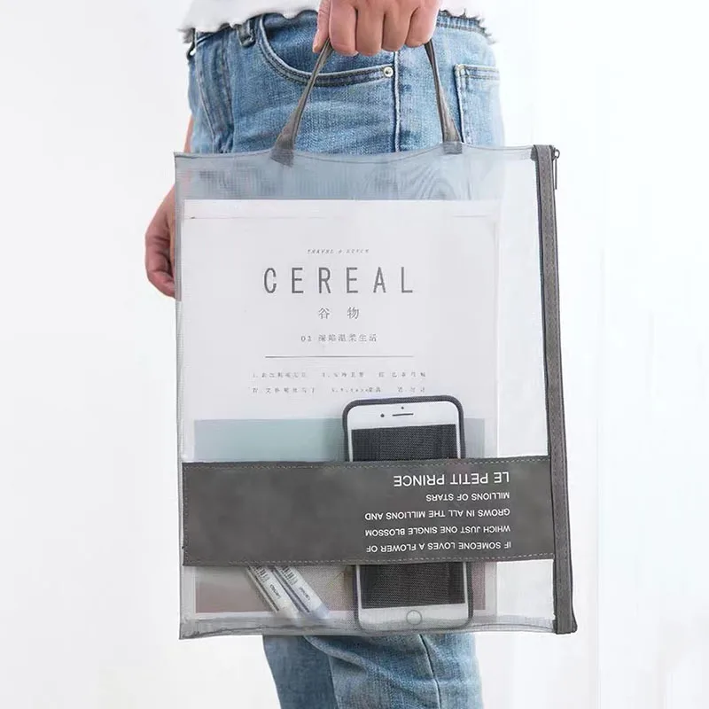 Colorful Clear A4 Paper File Folder Plastic magazine Plastic File Folder zipper net file bag with handle