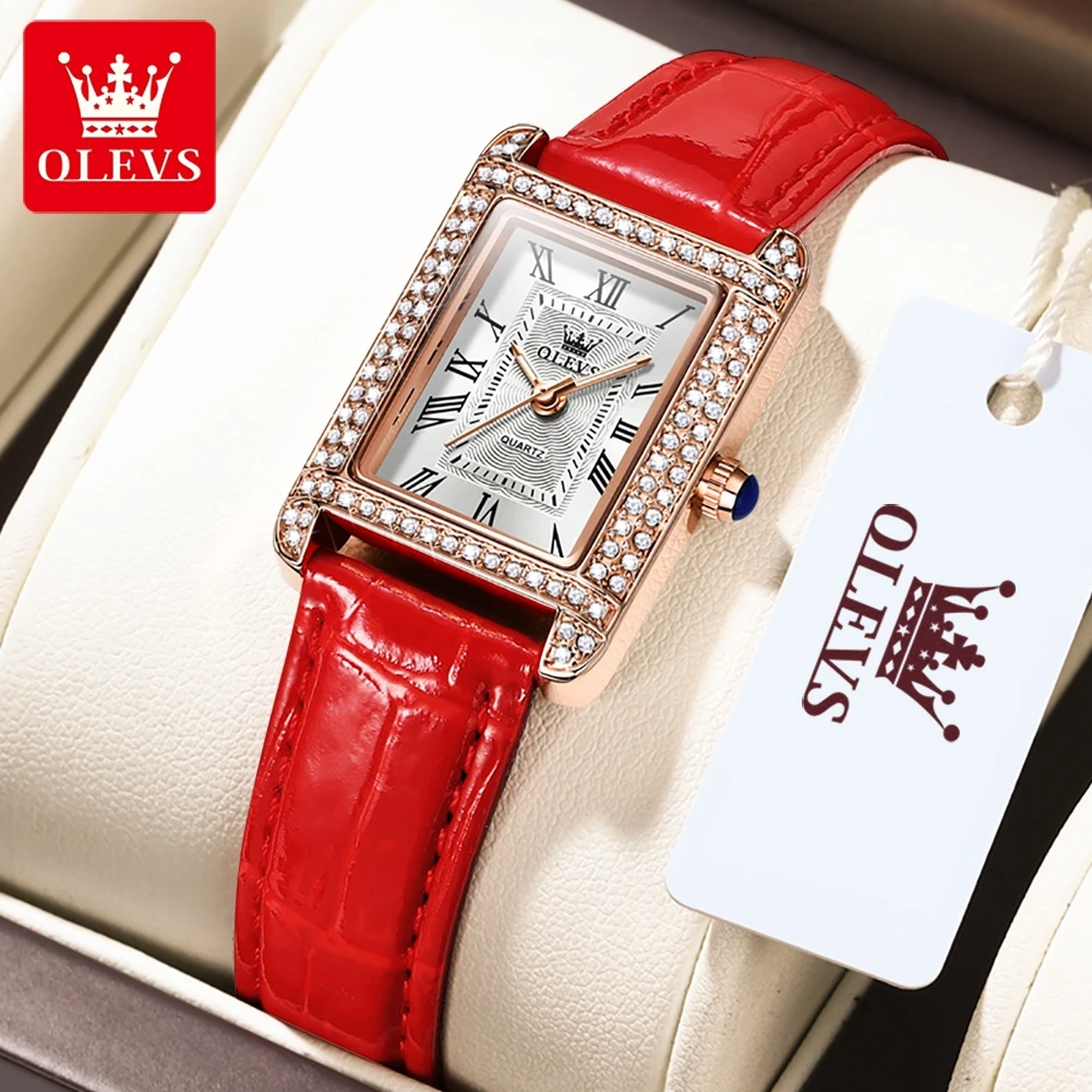 OLEVS 9935 Luxury Watches Women Square Rose Gold Wrist Watches Red Leather Fashion Watches Female Ladies Quartz Clock Gifts