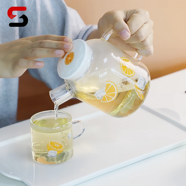 Glass Teapot Mugs Set, 30OZ/850ml Glass Tea Kettle with 4 Orange Tea Cups & Removable Infuser & Tea Warmer,