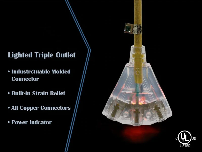 50 ft 10 gauge extension cord Heavy Duty 3 Outlet Lighted SJTW Indoor Outdoor Extension Cord