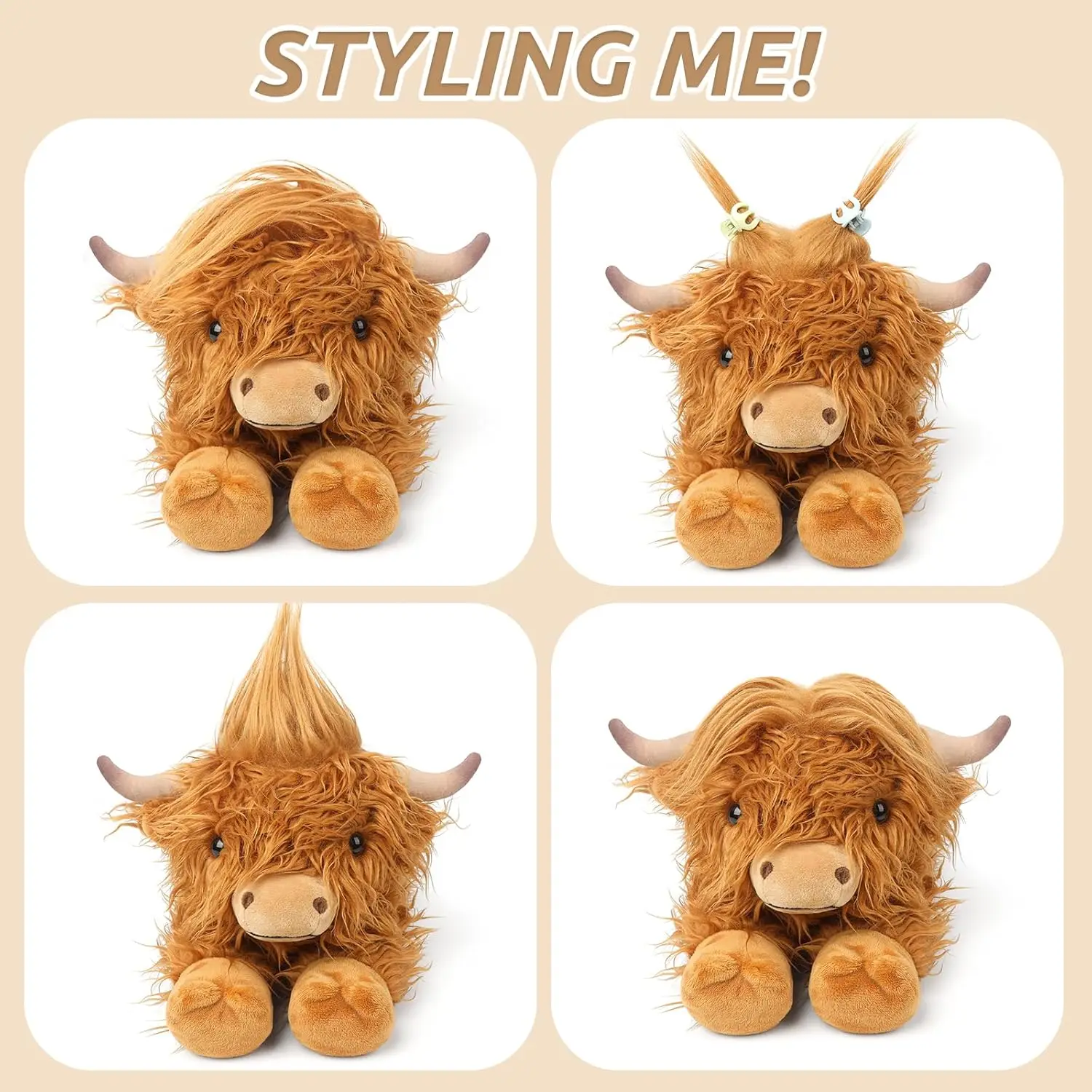 Highland Cow Stuffed Animals Microwavable Heating Pad Soft Fluffy Realistic Cow Plush Toy for Anxiety