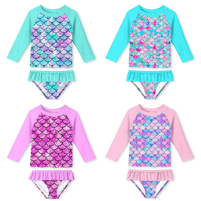 Baby Girls Long Sleeves Mermaid Fish Scales Pattern Printed Rash Guard Swimsuit Children Toddler Swim Suit Bulk Wholesale