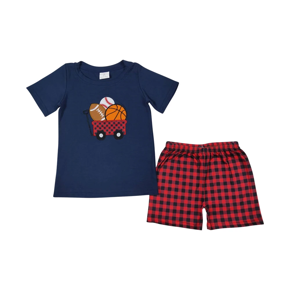 Navy Baseball embroidered summer short-sleeved boys suit kids clothing