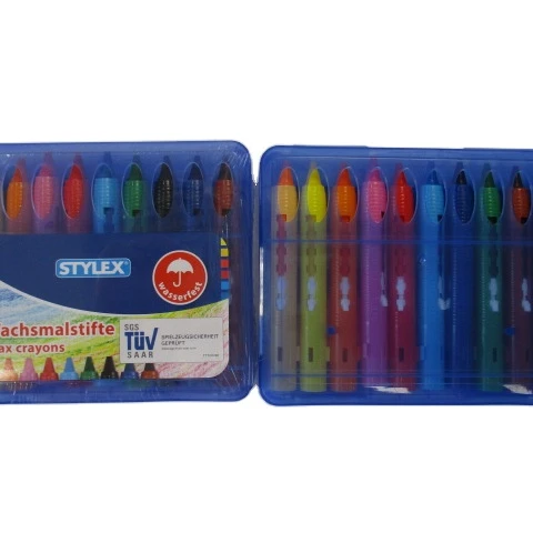 10 crayons (waterproof) with twisting tube in reclosable hardplastic box
