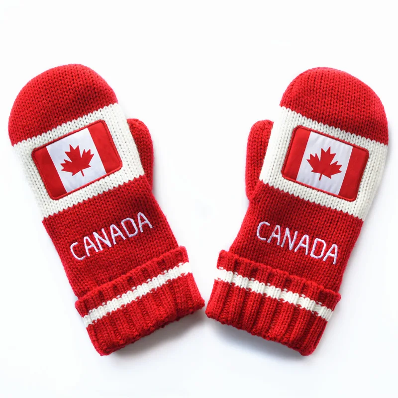 Red White Maple Leaf Gloves Knit Canada Embroidered Mittens Adult Canada Mittens