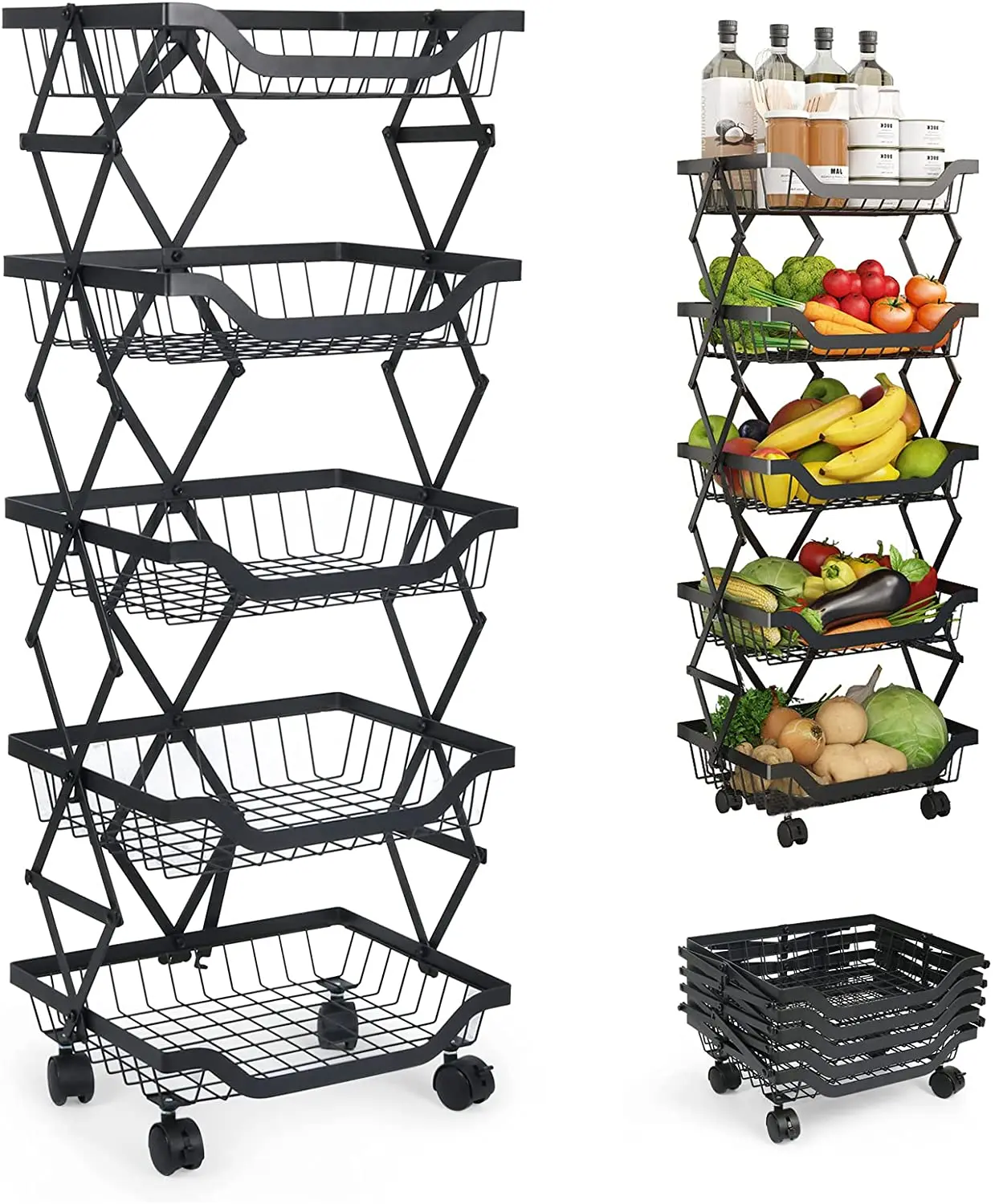 Kitchen 3/4/5 Tier Folding collapsible Metal Fruit Basket Stand No Need to Install Wire Storage Basket utility cart with Wheels
