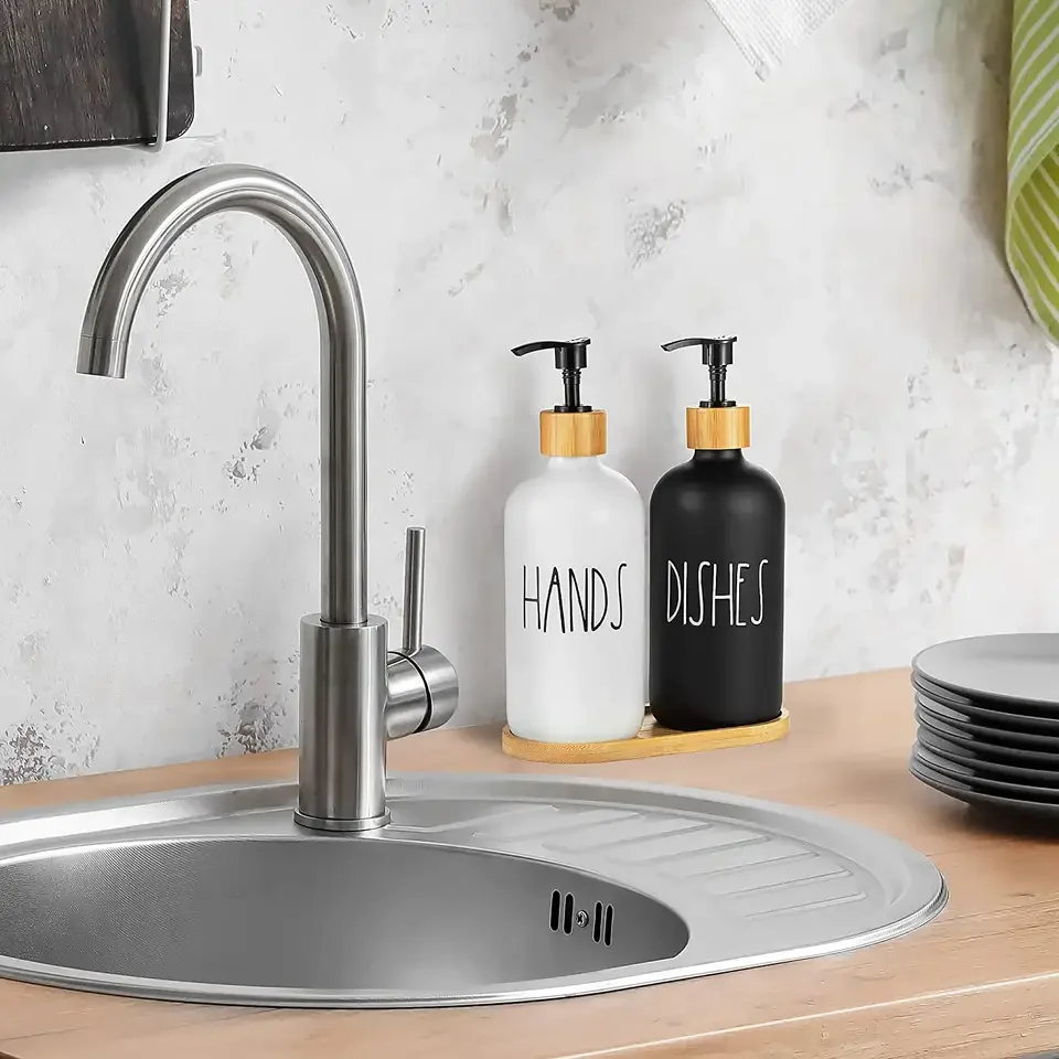 Wholesale beige soap dispenser set, bathroom countertop resin hand sanitizer, with pressure pump cover
